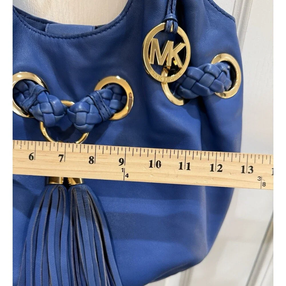 Michael Kors Shoulder Bag Braided Handle Tassel Gold Hardware Logo Charm Blue